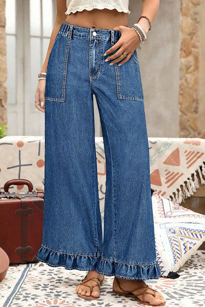 Plus Contemporary Ruffled Wide Leg Denim Pants