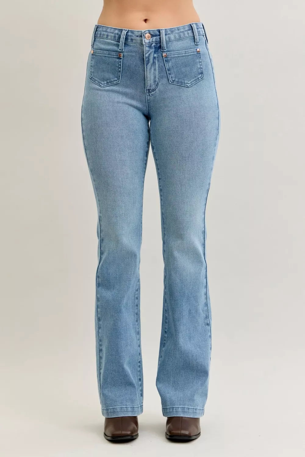 Mid Rise Bootcut Patch Pocket Jeans