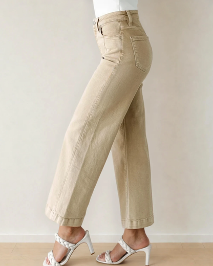 Seamed Center Wide Leg Denim Pants Apricot