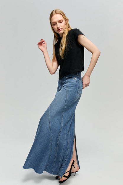 Wave Fit & Flare Long Denim Skirt