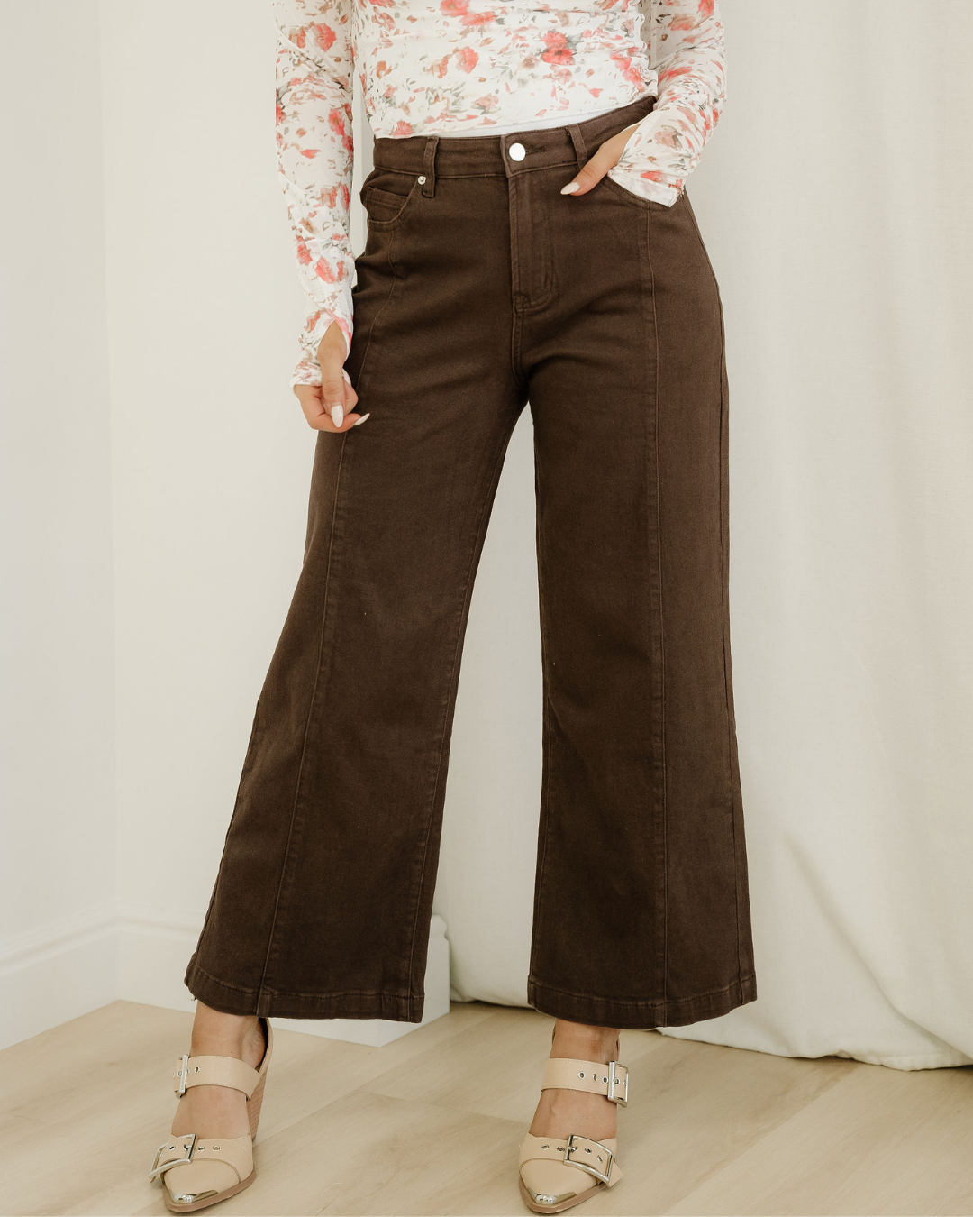 Seamed Center Wide Leg Denim Pants Sandalwood