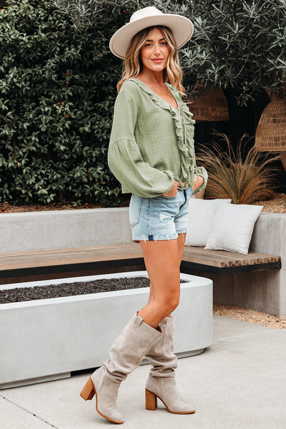 Meadow Mist Green Bow Tie Front V-Neck Gauze Blouse