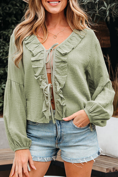 Meadow Mist Green Bow Tie Front V-Neck Gauze Blouse