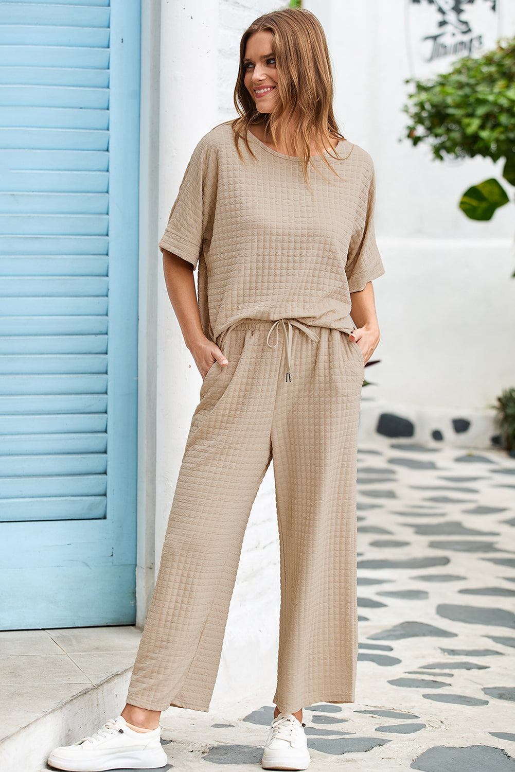 Lattice Texture Sporty Dolman Top & Pants Set
