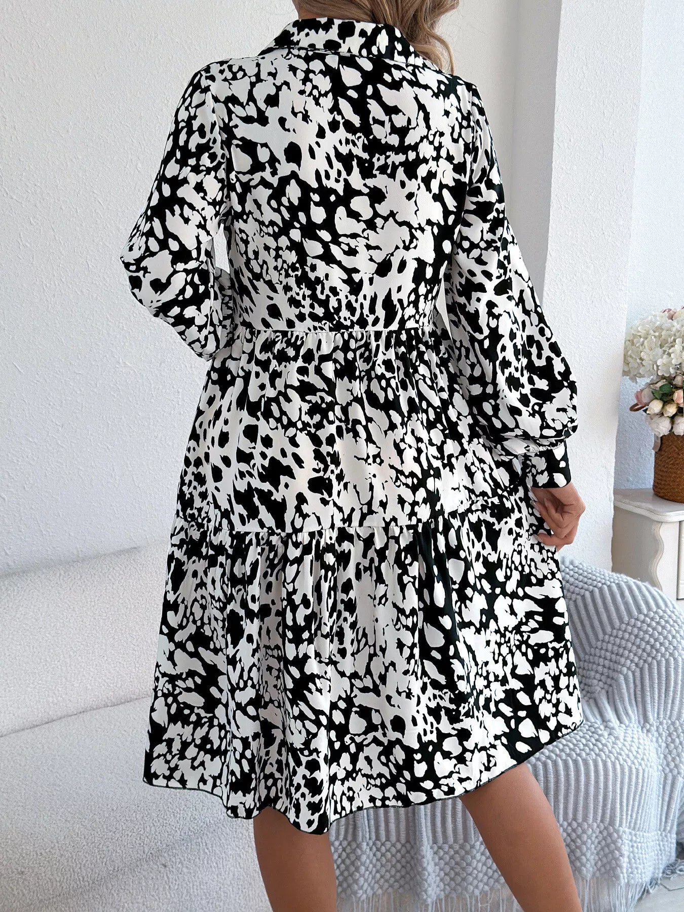 Collared Neck Long Sleeve Print Dress