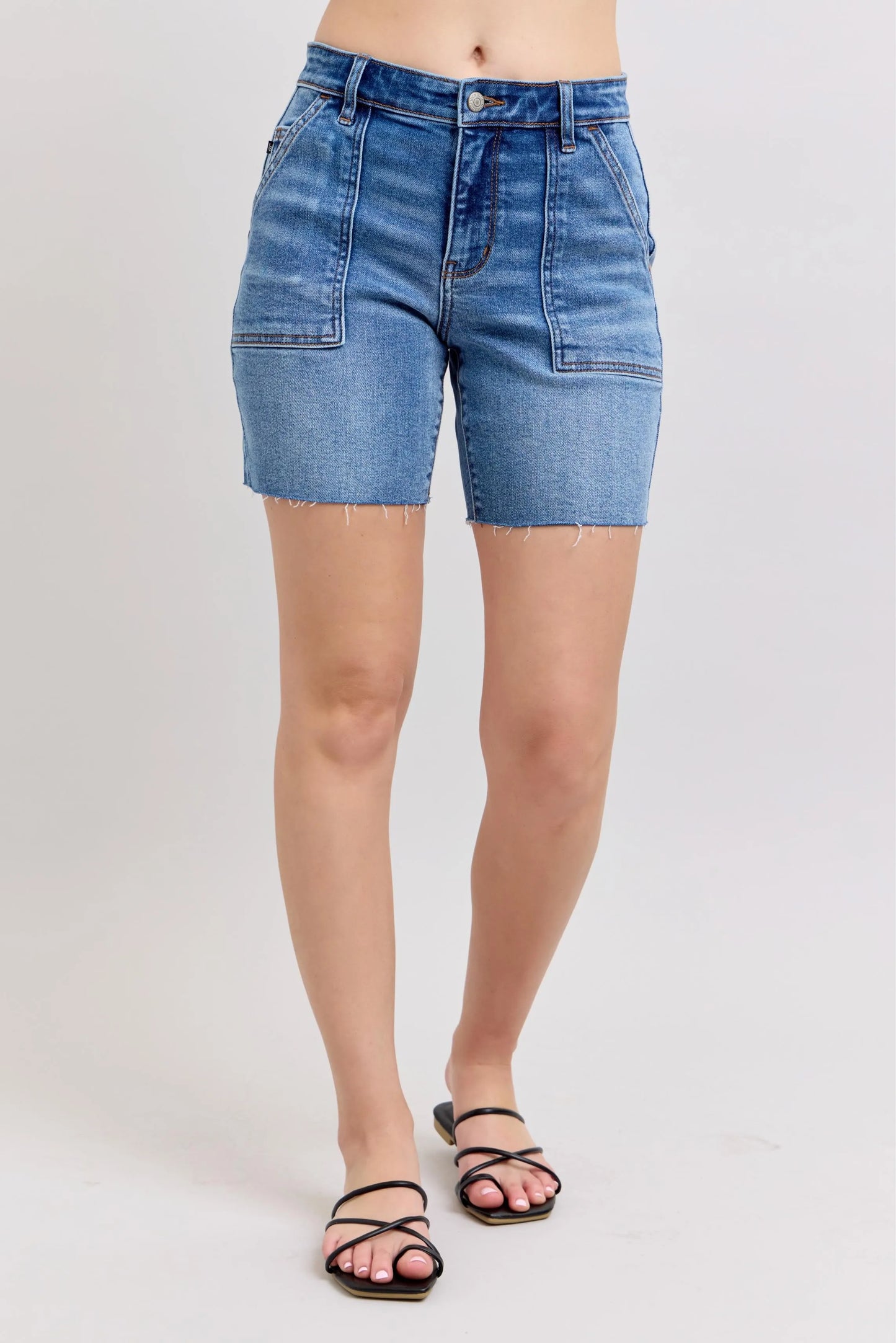 Mid Rise Bermuda Denim Back Flap Shorts