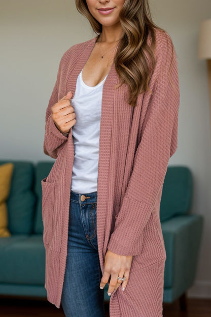 Open Front Waffle Long Sleeve Cardigan