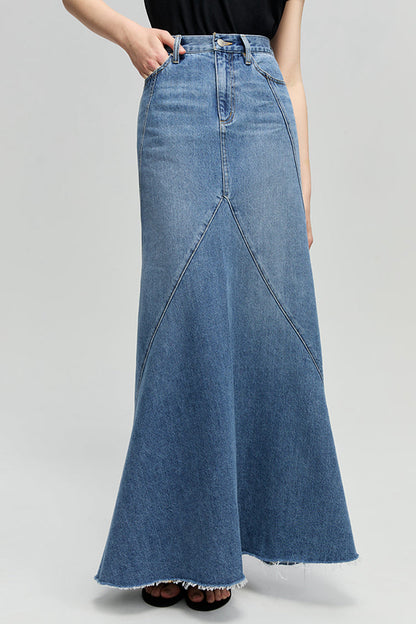 Wave Fit & Flare Long Denim Skirt