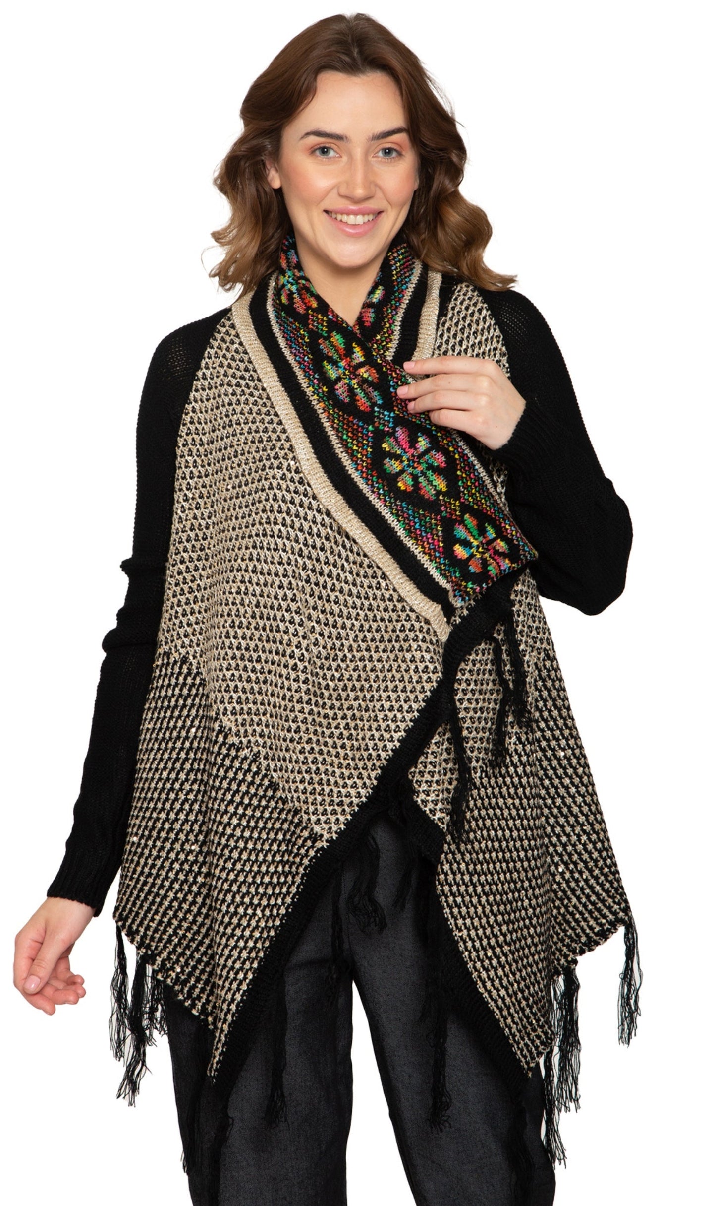 Fringed Jacquard Weave Long Cardigan
