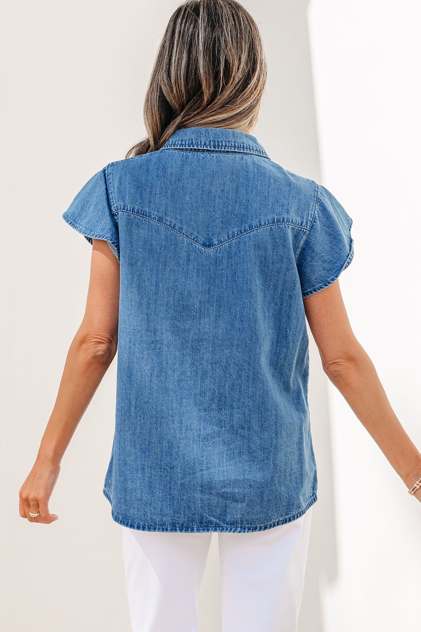 Ruffled Short Sleeve Denim Shirt