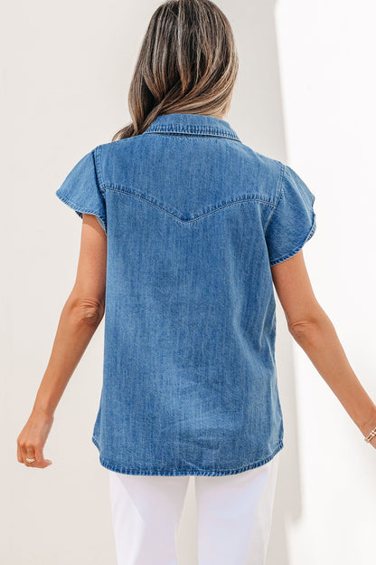 Ruffled Short Sleeve Denim Shirt
