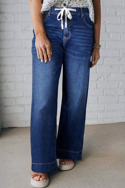 High Rise Lace Tie Whiskered Jeans