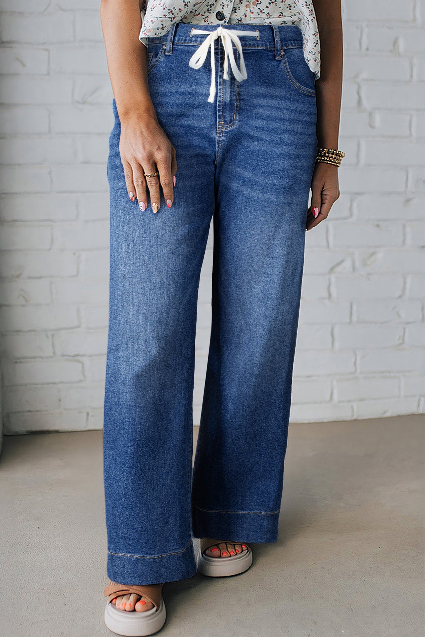High Rise Lace Tie Whiskered Jeans