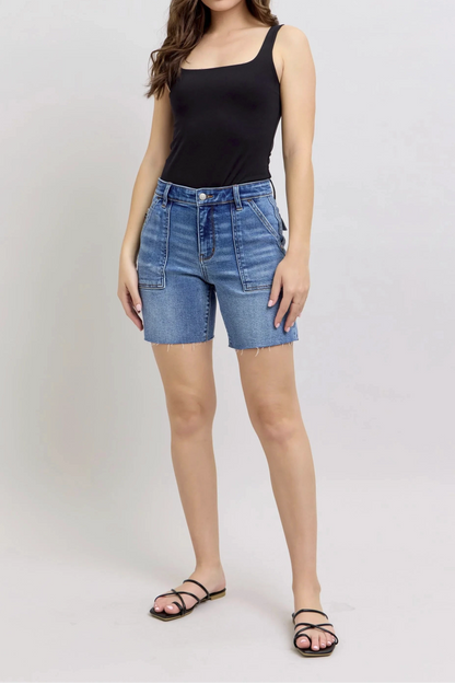 Mid Rise Bermuda Denim Back Flap Shorts