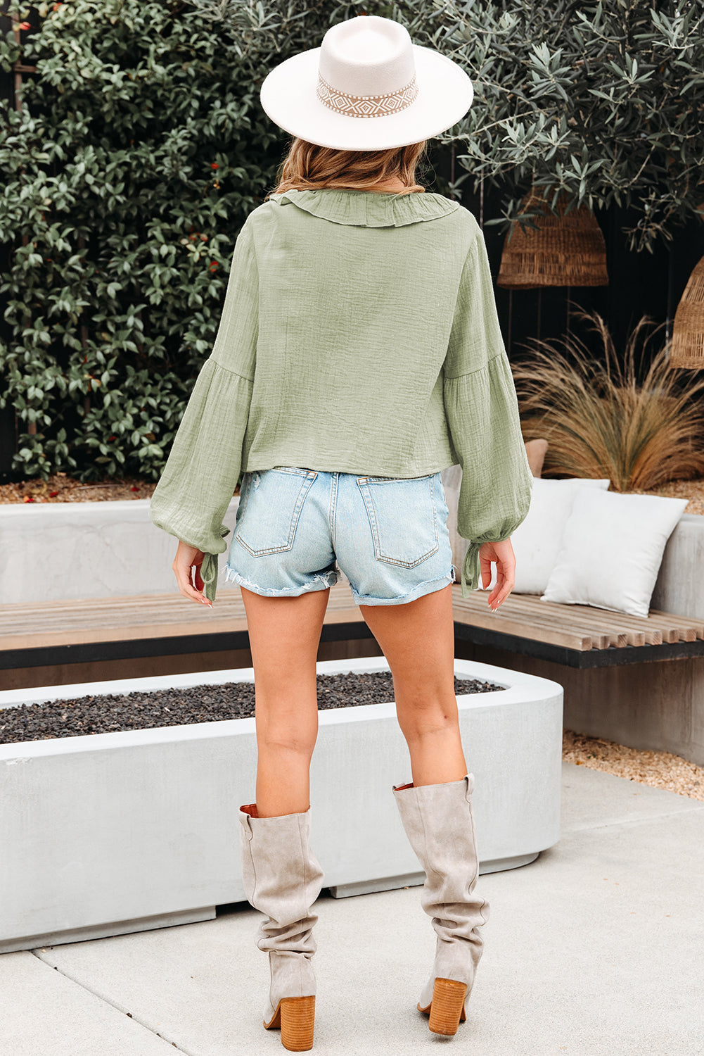 Meadow Mist Green Bow Tie Front V-Neck Gauze Blouse