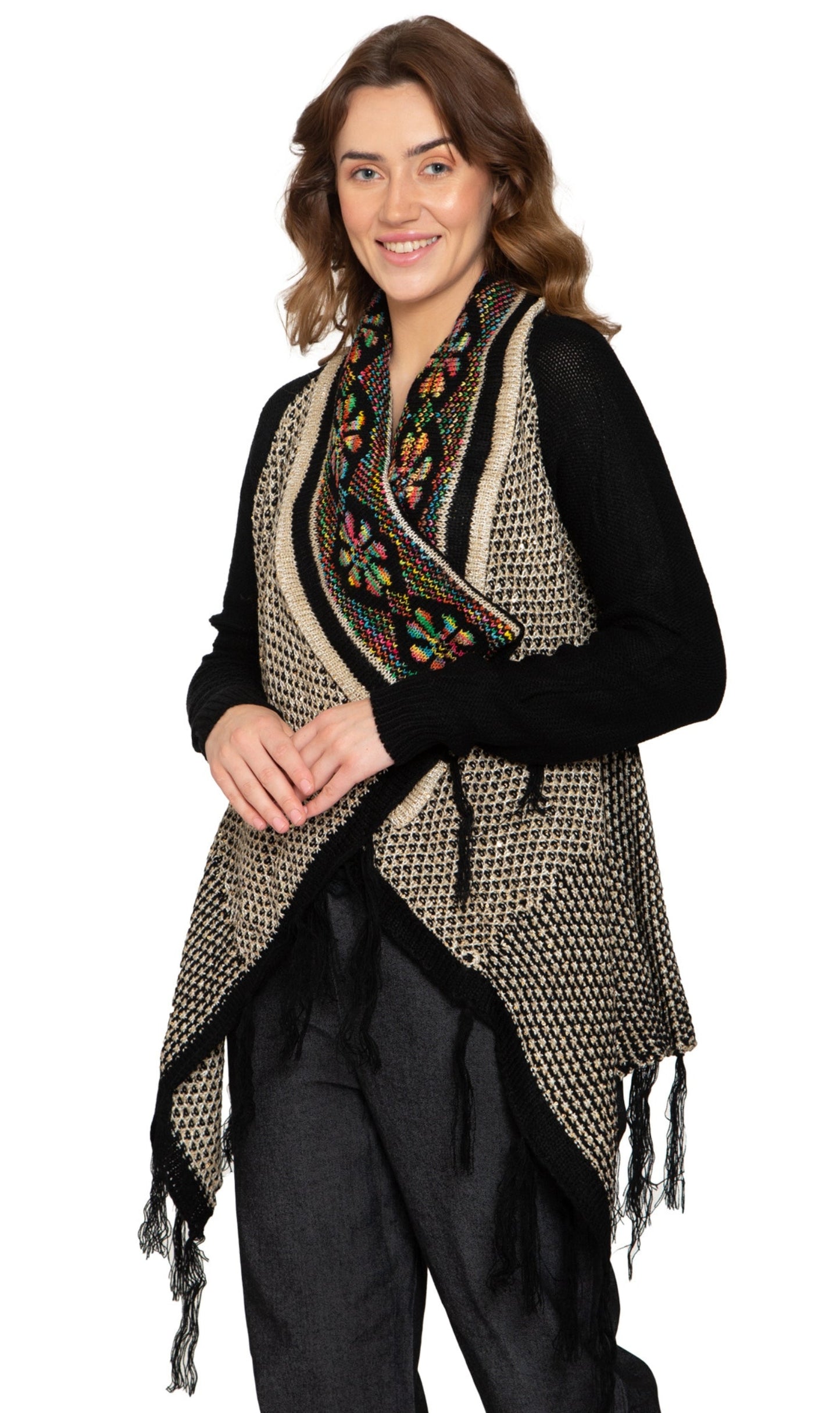 Fringed Jacquard Weave Long Cardigan