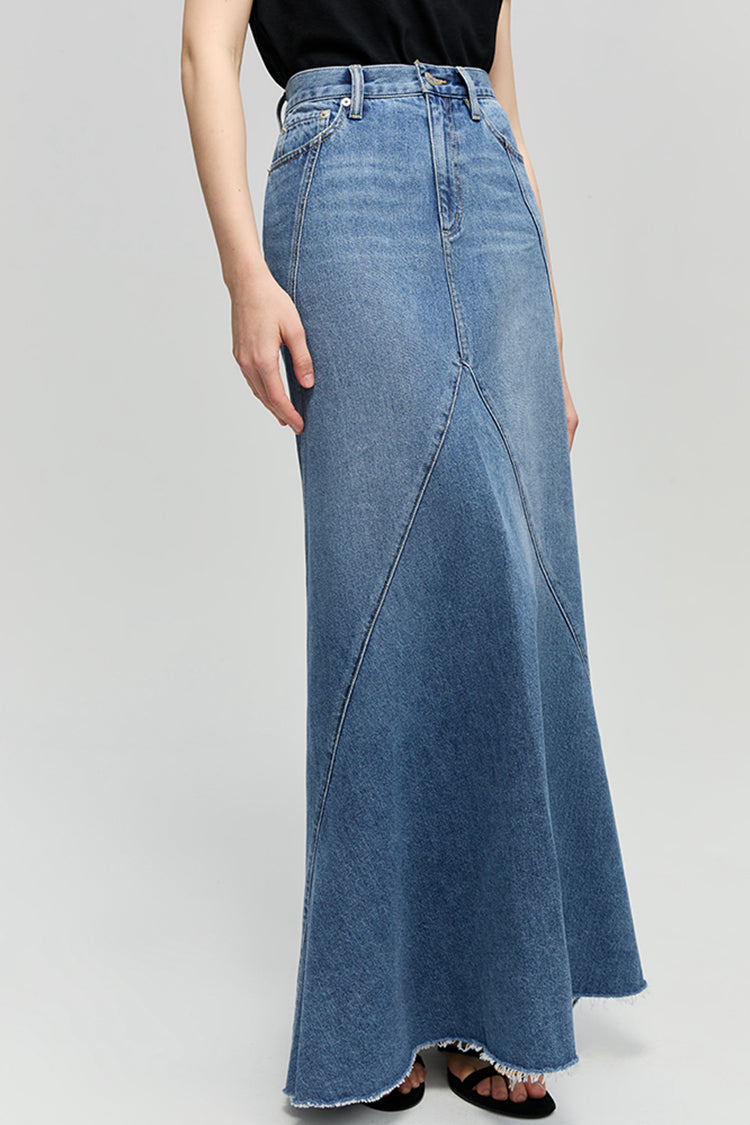 Wave Fit & Flare Long Denim Skirt