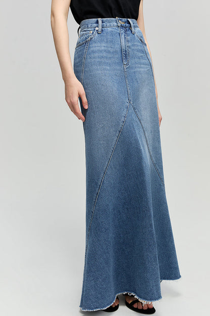 Wave Fit & Flare Long Denim Skirt