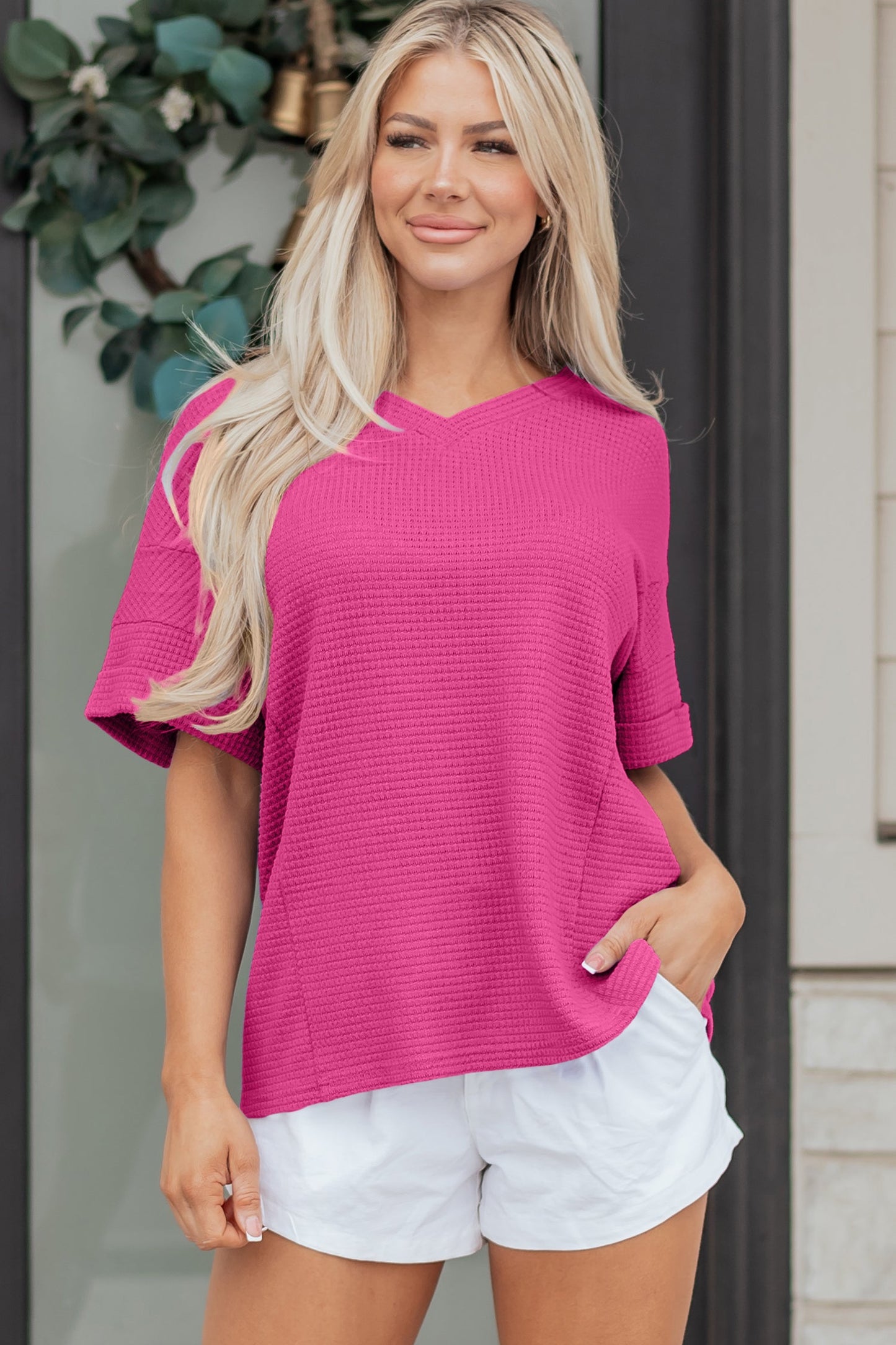 V-Neck Waffle Short Sleeve Top