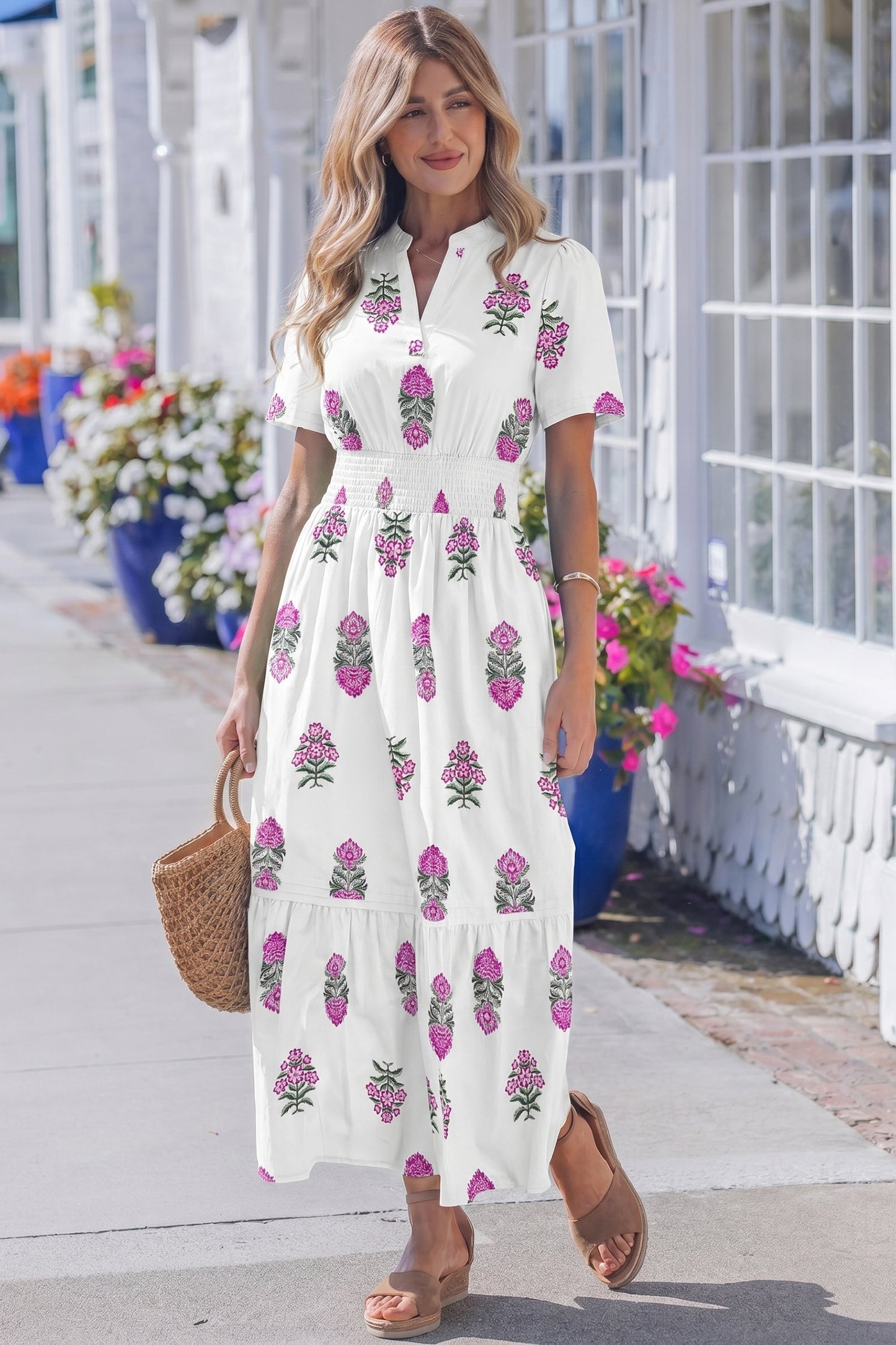 Split Neckline Short Sleeve Maxi Dress White