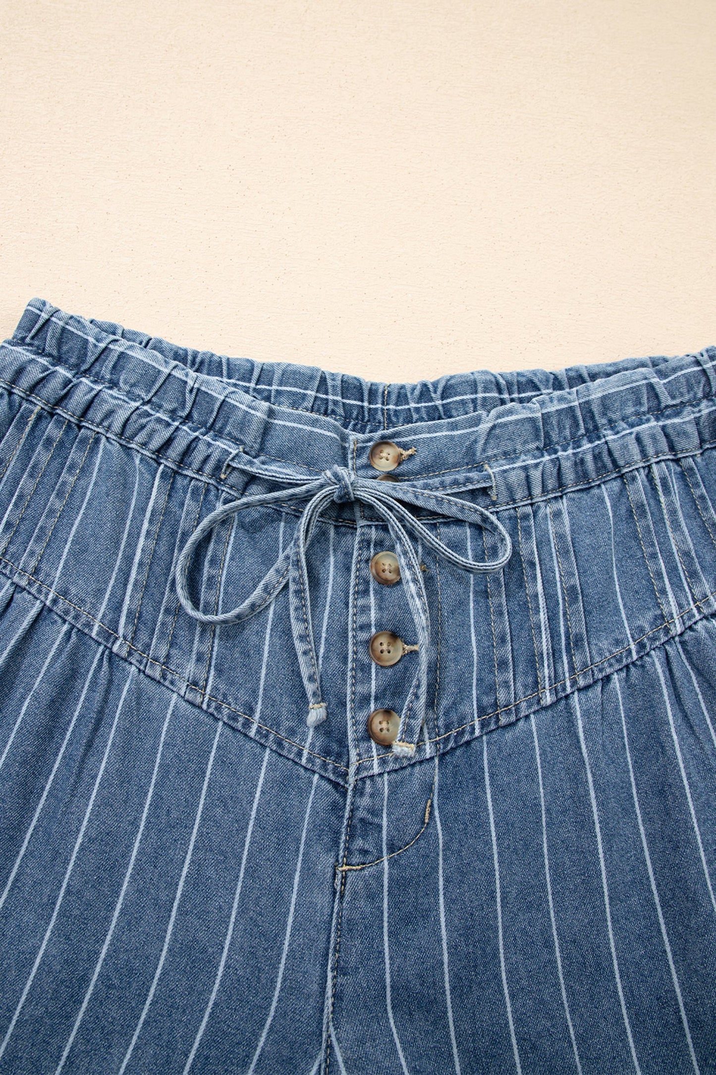 Blue & Stripe Pleated Waist Casual Wide Leg Denim Pants