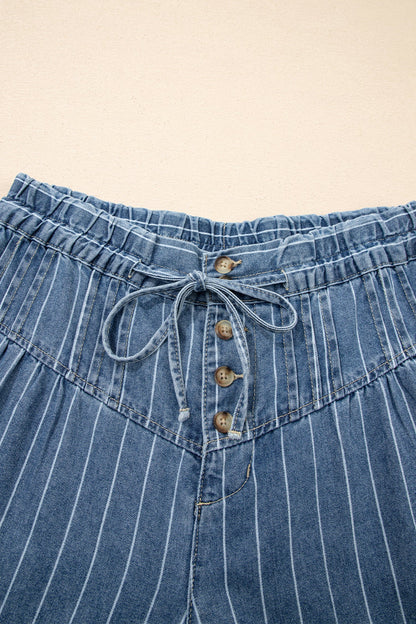 Blue & Stripe Pleated Waist Casual Wide Leg Denim Pants