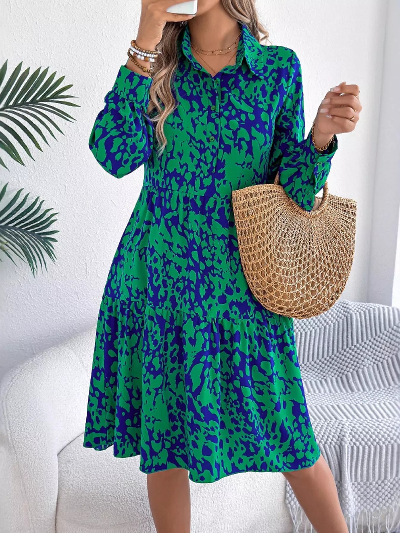 Collared Neck Long Sleeve Print Dress