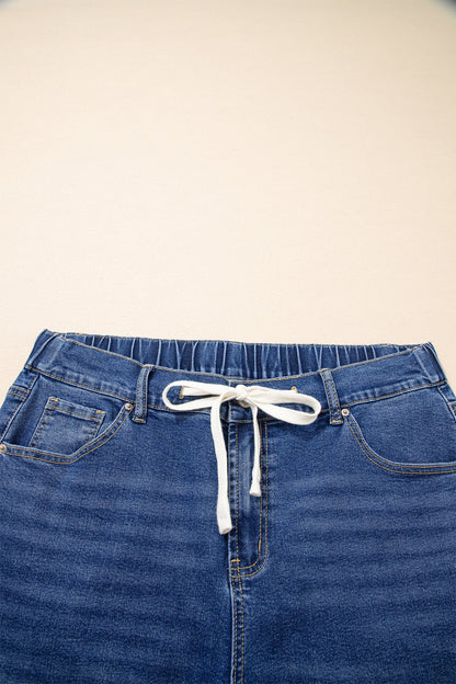 High Rise Lace Tie Whiskered Jeans