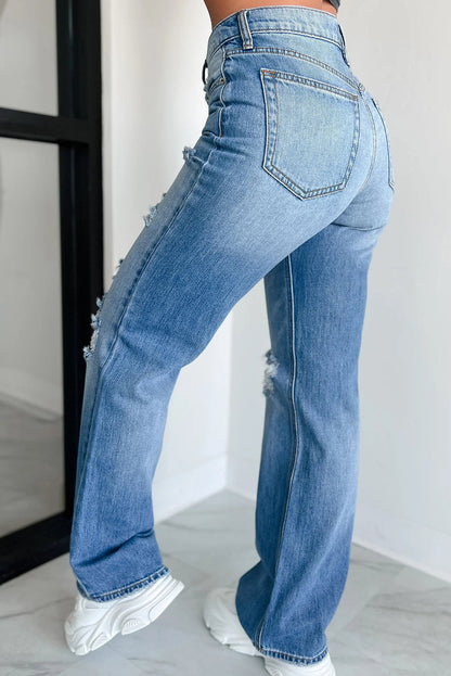 Distressed & Faded Straight Leg Jeans Myostis