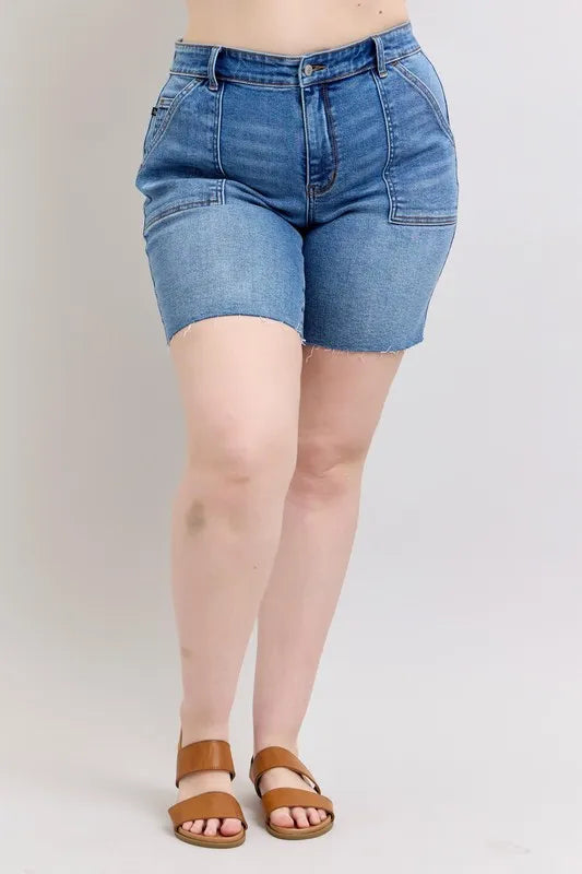 Mid Rise Bermuda Denim Back Flap Shorts