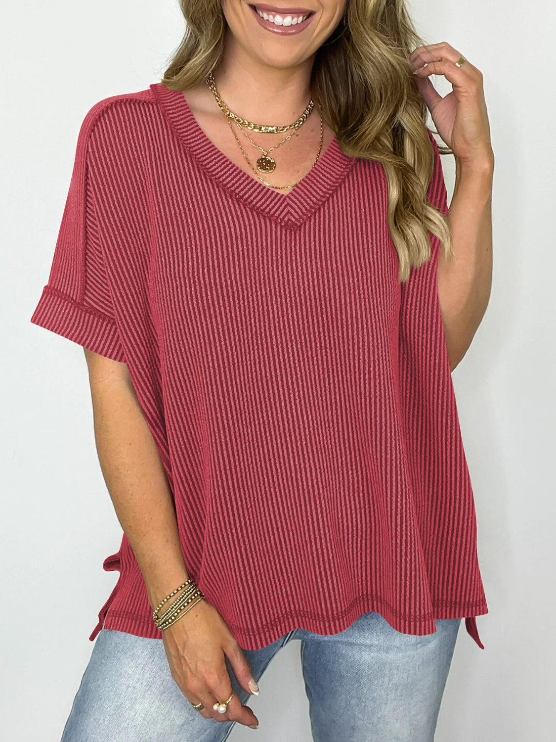 Cord Ribbed V-Neck Top