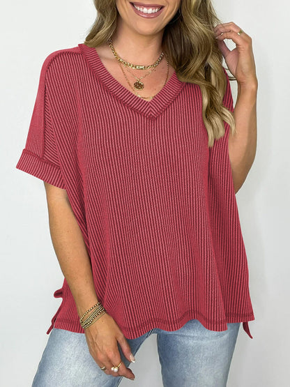 Cord Ribbed V-Neck Top