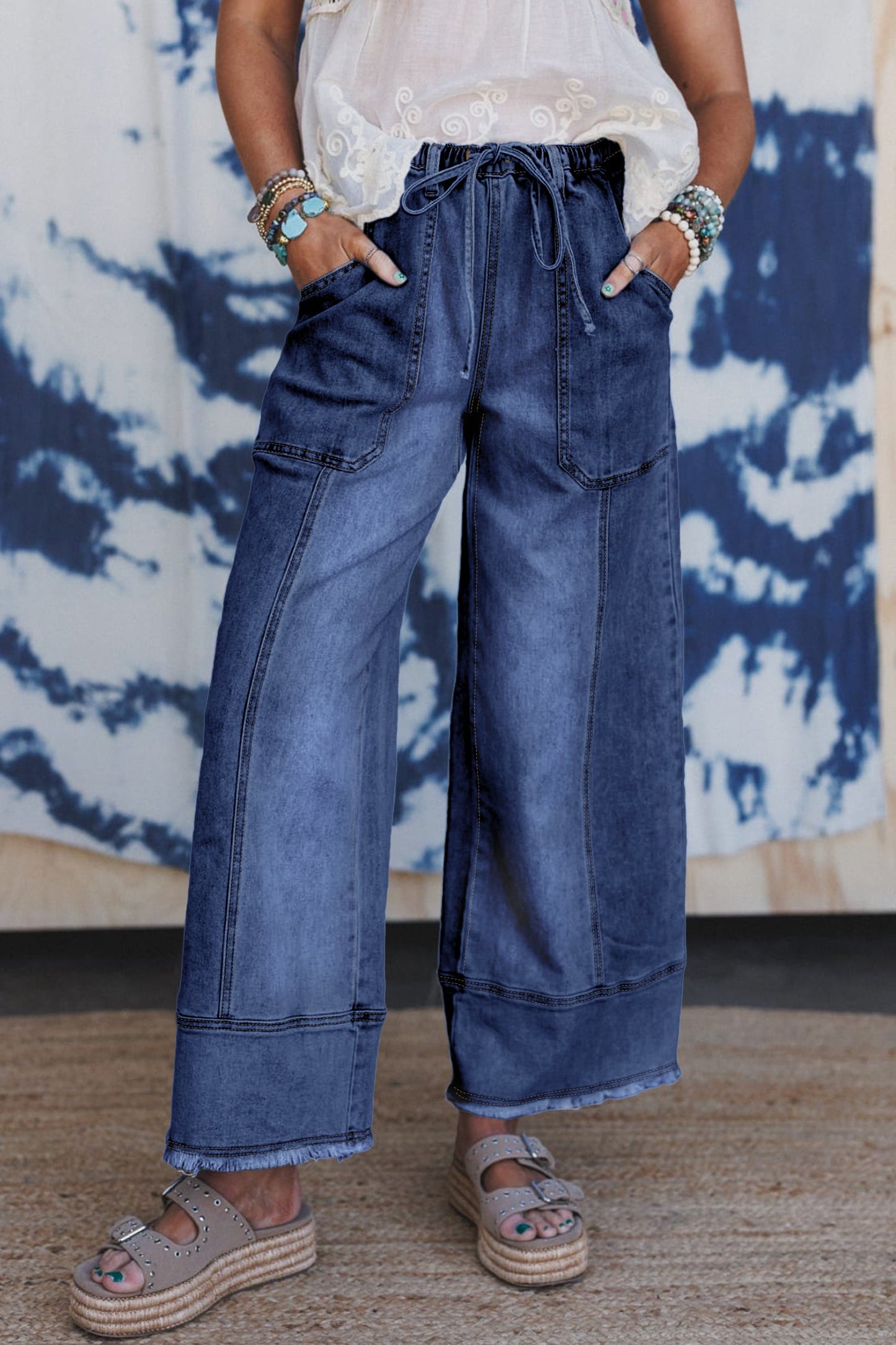 Fray Hem Wide Leg Denim Pants