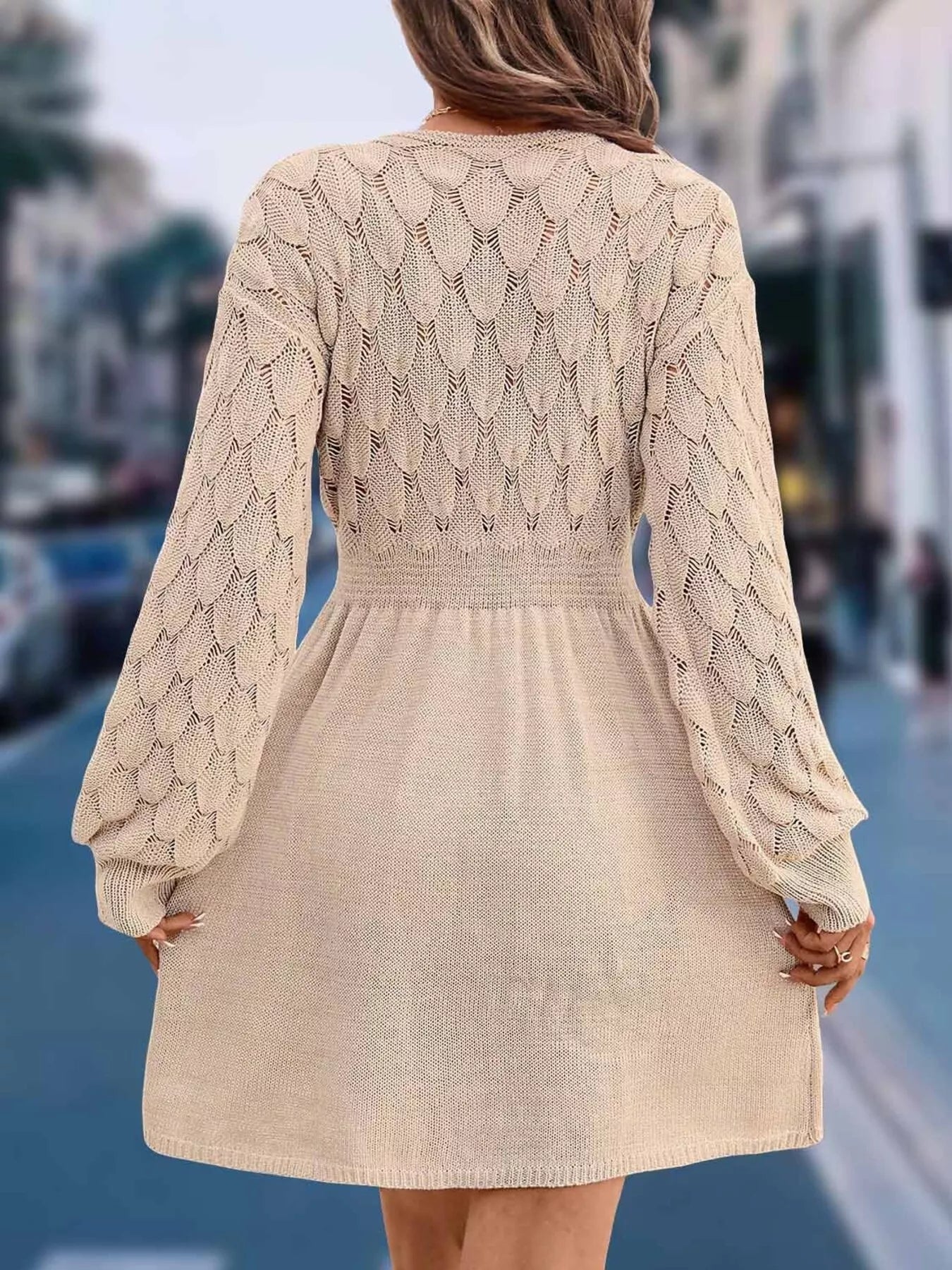 V-Neck Open Work Long Sleeve Sweater Dress