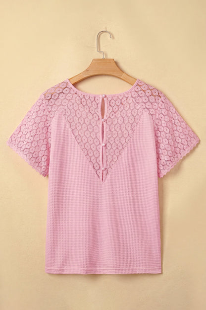 Waffle Knit Lace Cutout Blouse