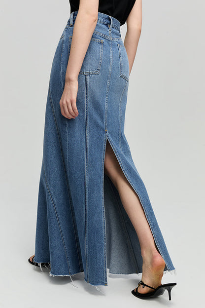 Wave Fit & Flare Long Denim Skirt