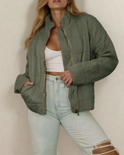 Zip-Up Pocket Quilted Jacket Green