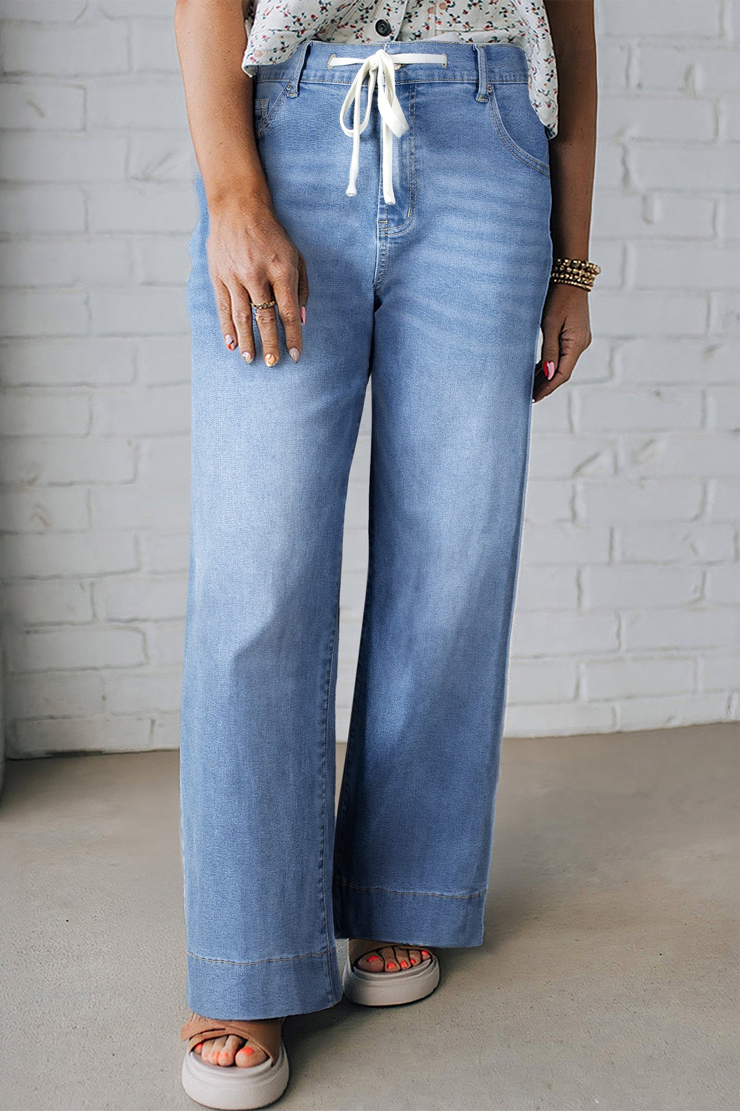 High Rise Lace Tie Whiskered Jeans