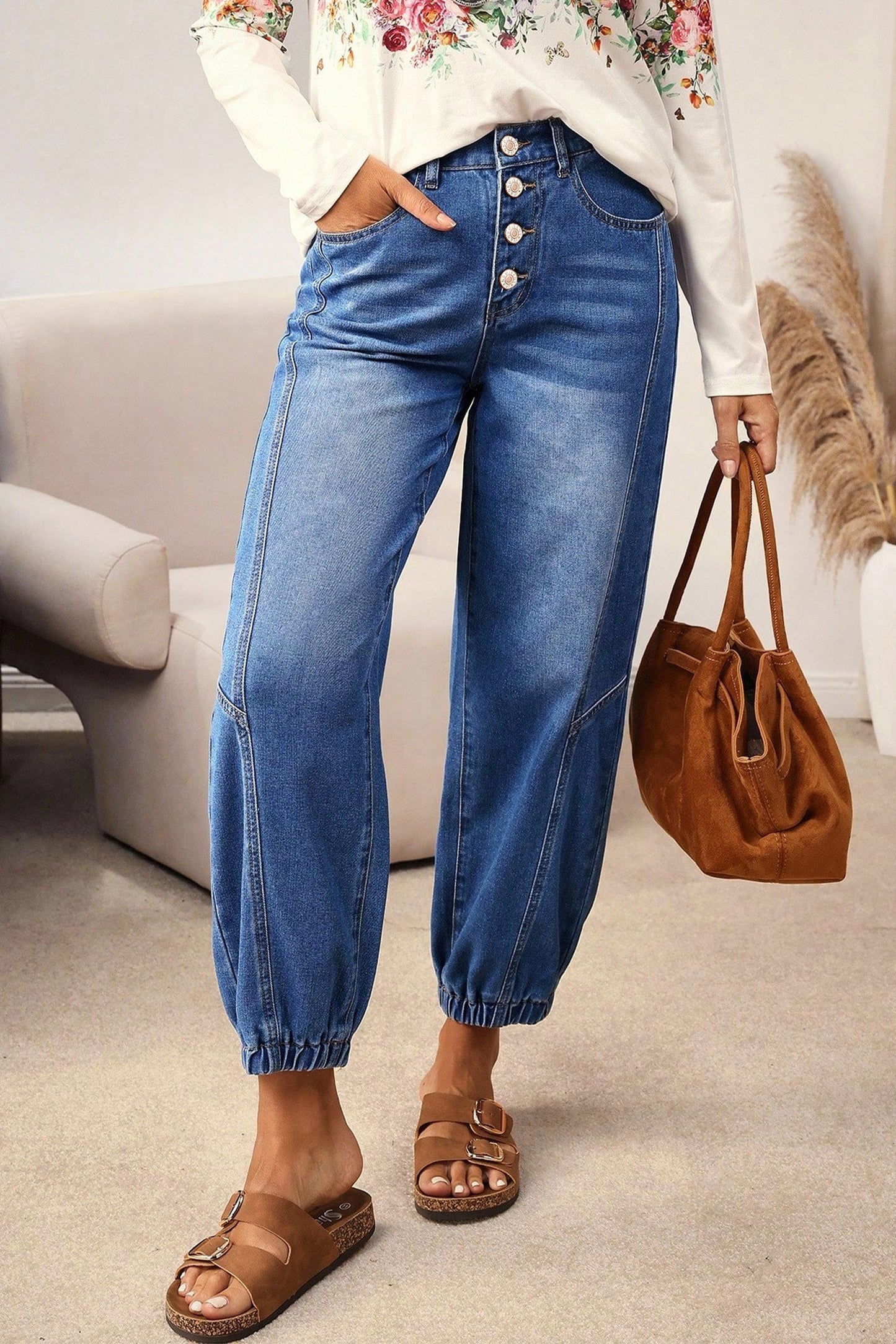 Button Fly Tapered Loose Jeans