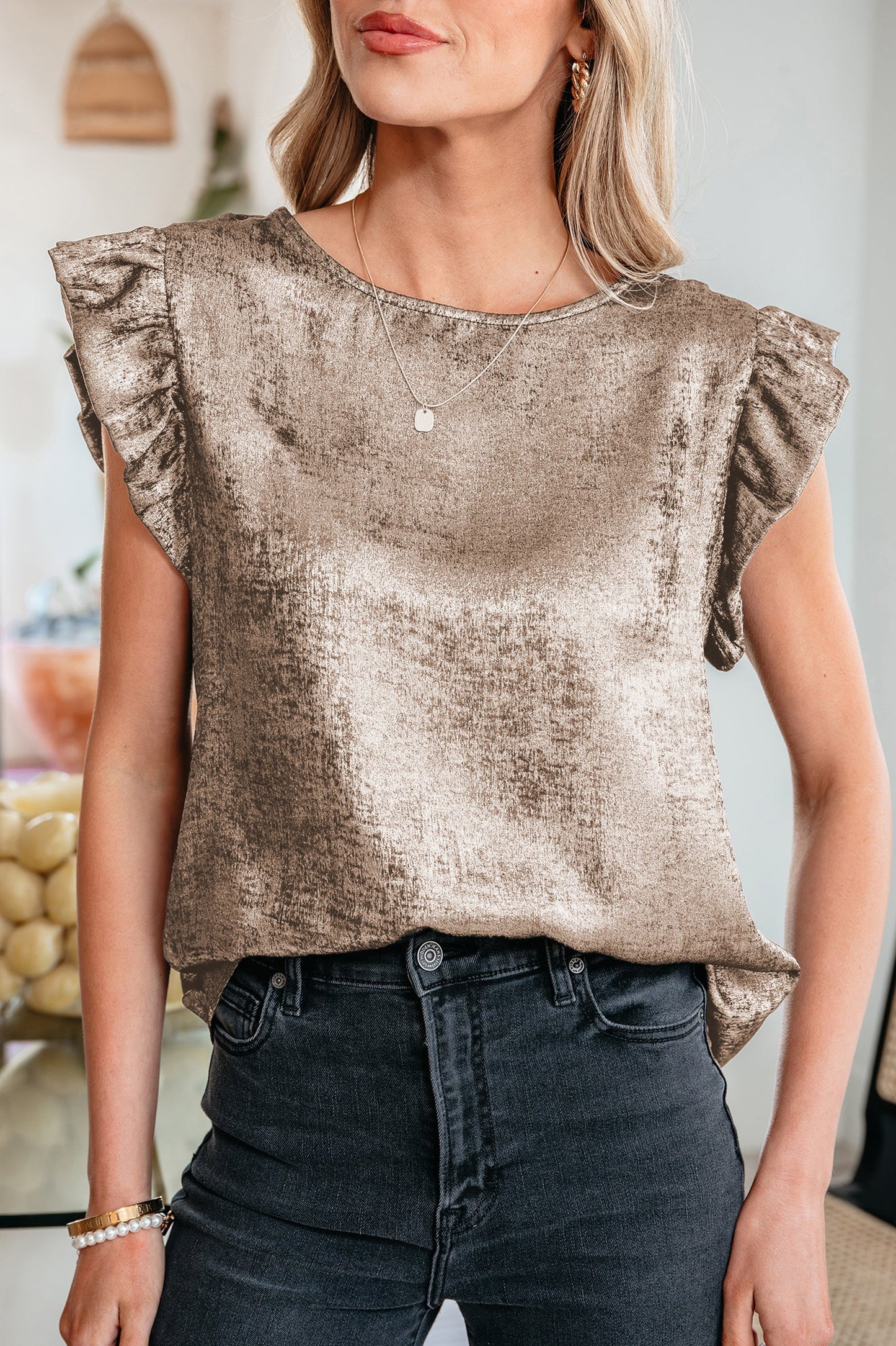 Metallic Round Neck Ruffle Trim Sleeveless Top
