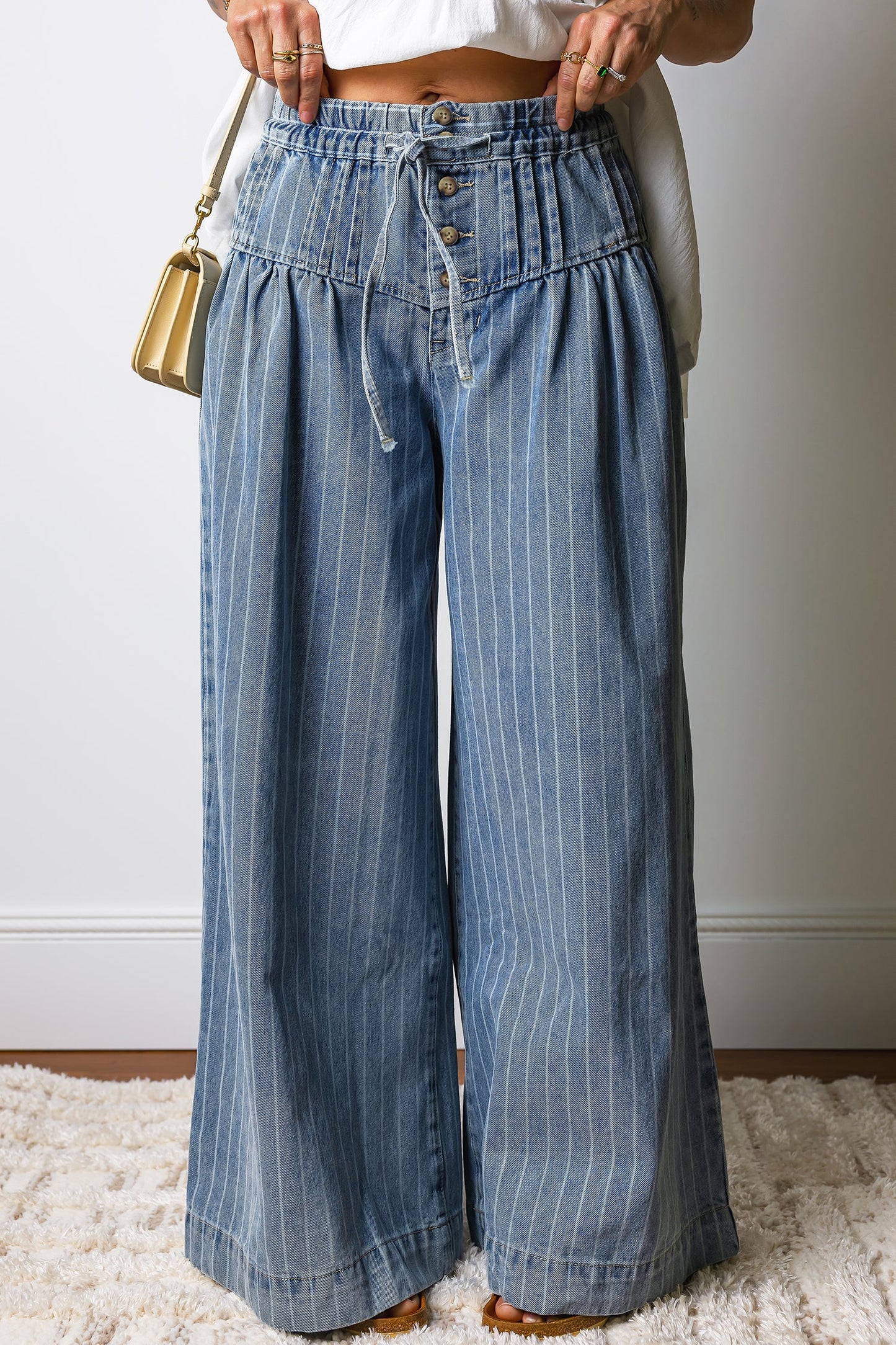 Blue & Stripe Pleated Waist Casual Wide Leg Denim Pants
