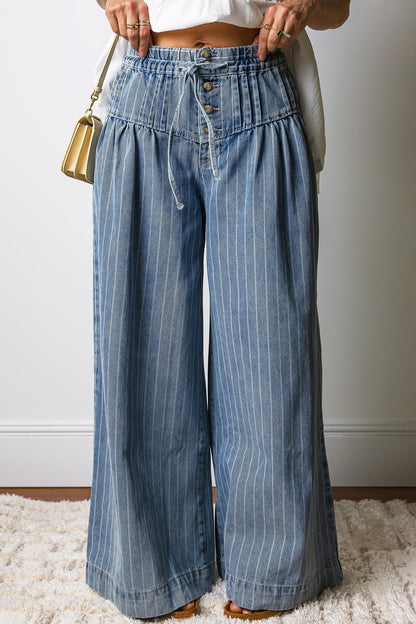Blue & Stripe Pleated Waist Casual Wide Leg Denim Pants
