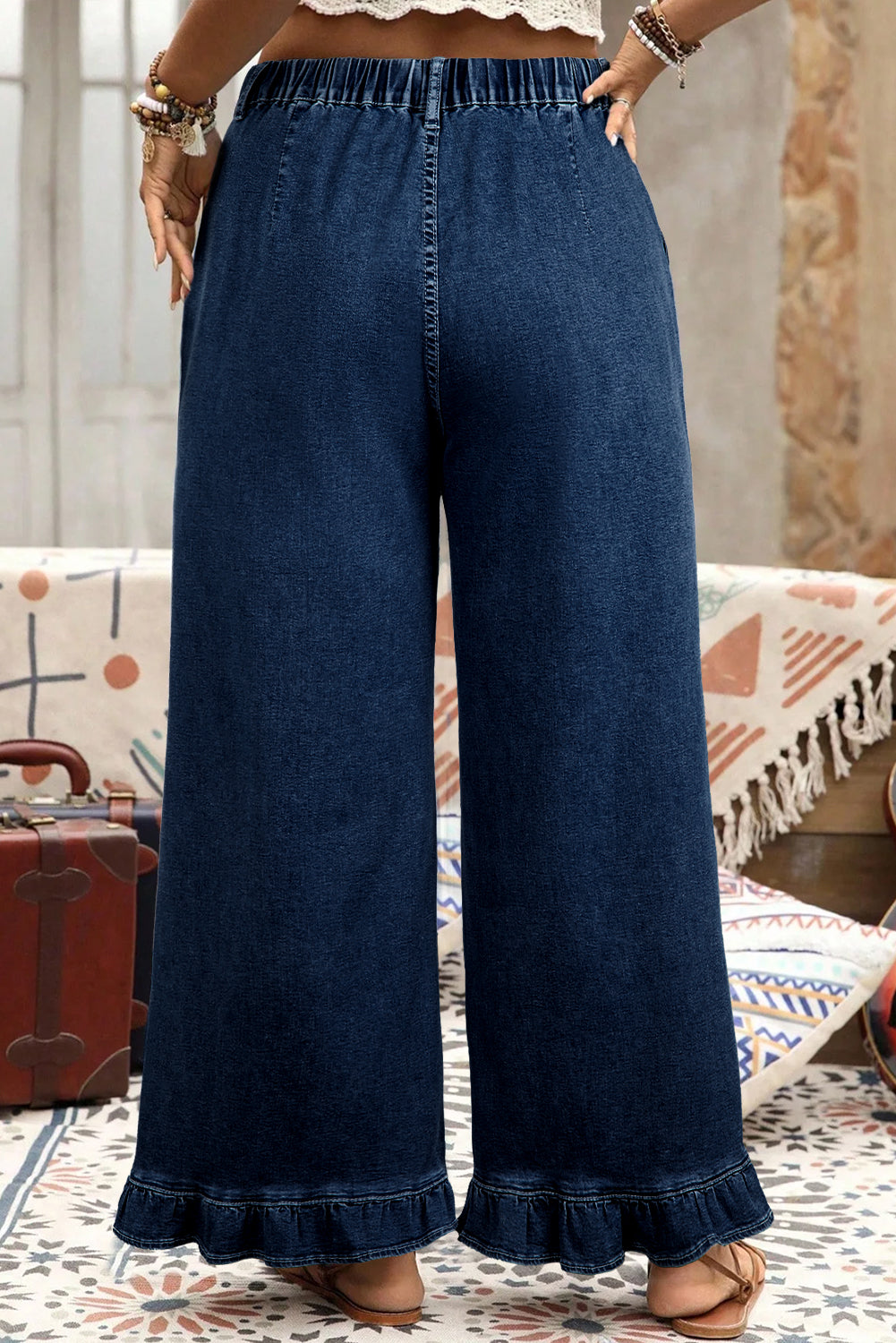 Plus Contemporary Ruffled Wide Leg Denim Pants