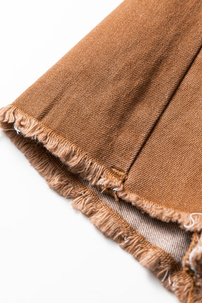 High Waist Button Fly Seamed Raw Hem Flare Jeans Coffee