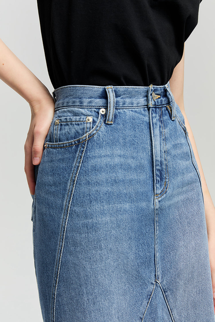 Wave Fit & Flare Long Denim Skirt