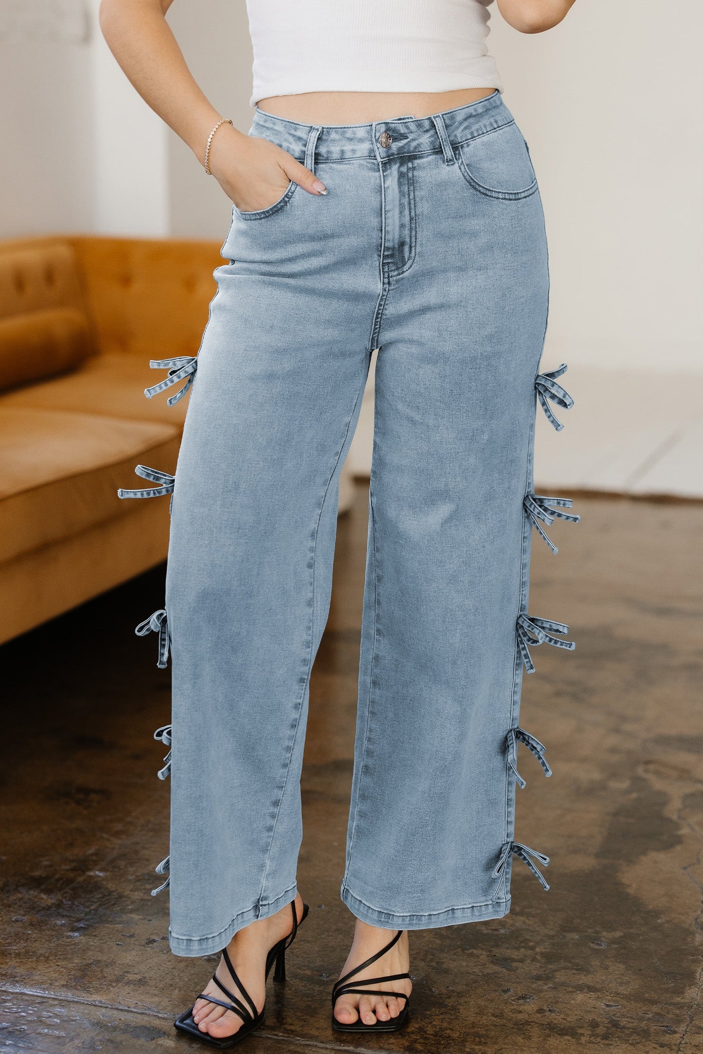 Bow Knot Side Straight Leg Jeans