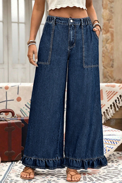 Plus Contemporary Ruffled Wide Leg Denim Pants