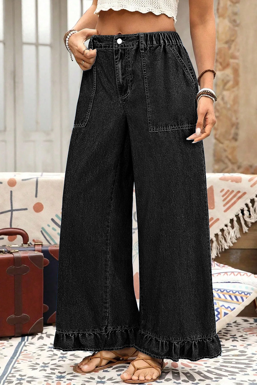 Plus Contemporary Ruffled Wide Leg Denim Pants