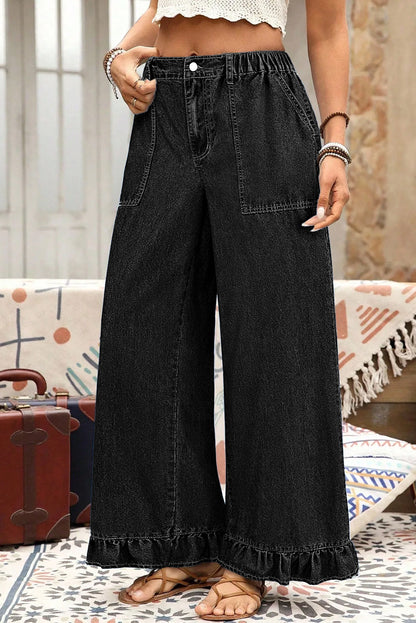 Plus Contemporary Ruffled Wide Leg Denim Pants