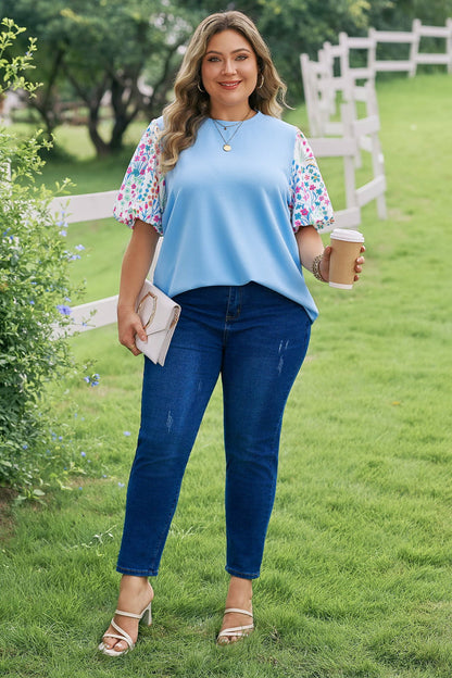 Plus Contrast Floral Sleeve Top